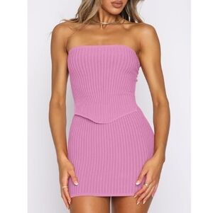 Strapless Crop Top Matching Bodycon Sexy Mini Club Dress Pink